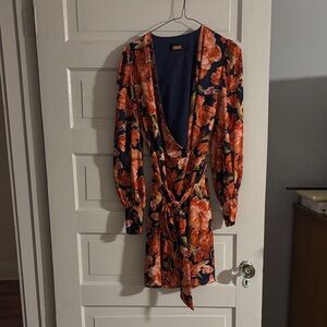Alexia Admor Navy and Orange Floral Wrap Dress with Tapered Button Neckline